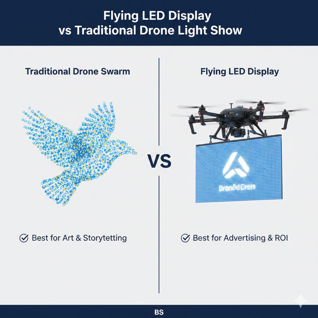 Flying LED Display vs Drone Light Show comparison